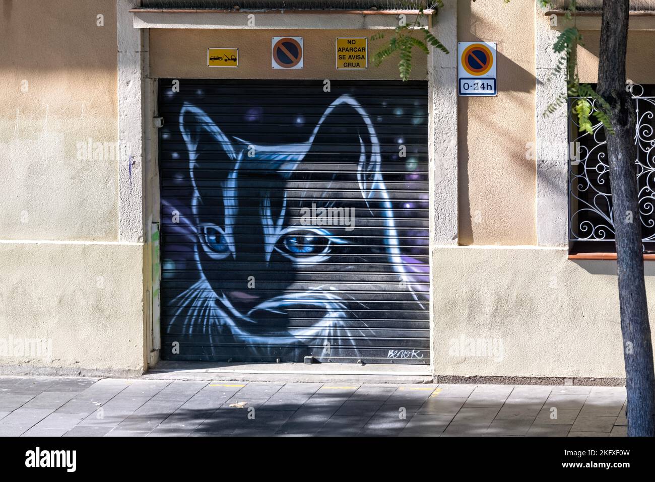 Barcelona Spanien, Katzenporträt-Graffiti an der Garagentür Stockfoto