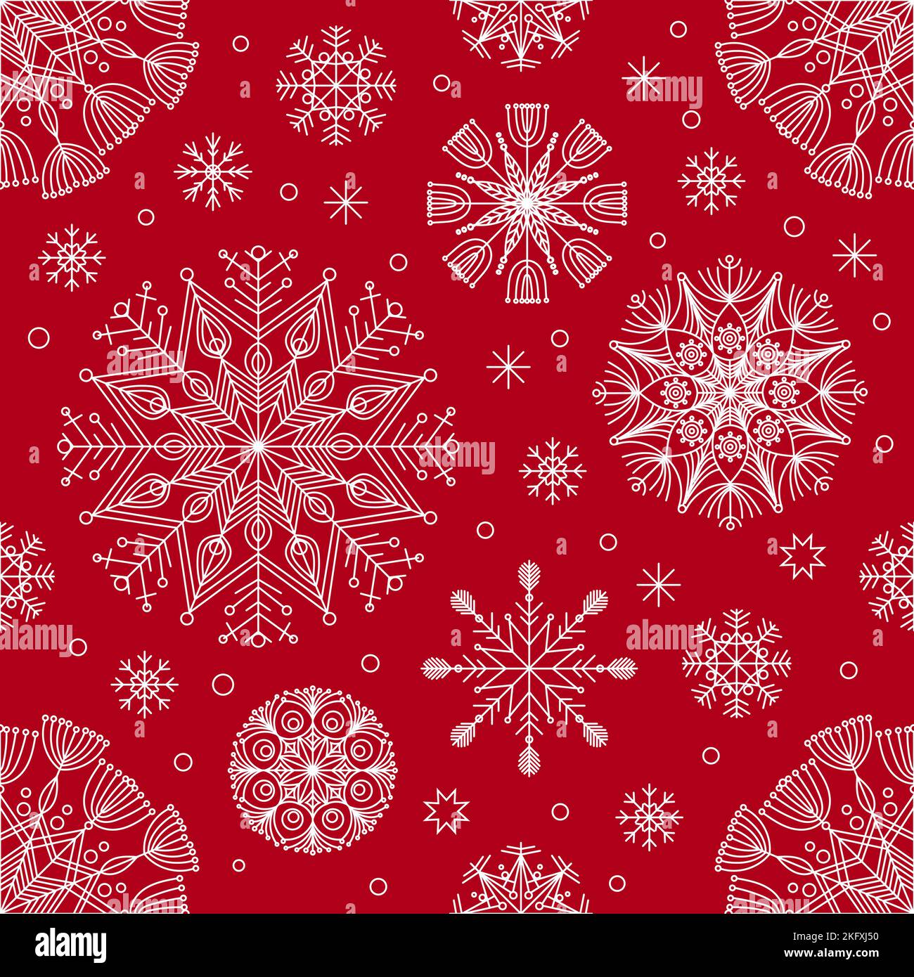 Nahtloses Muster mit weißen Schneeflocken auf rotem Hintergrund. Winter, weihnachten, Neujahr Thema. Für Stoffdesign, Tapeten, Hintergründe, Scrapbookin Stock Vektor