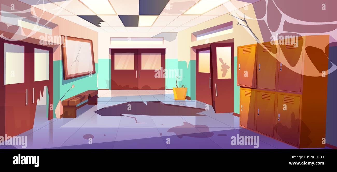 Vector Cartoon schmutzige Schule Flur Innenraum mit kaputten Schließfächern, Klassentüren, Müll und Riss im Boden. Leerer verlassene Universitäts- oder College-Korridor mit Chaos, kaputte Decke und Spinnennetz. Stock Vektor
