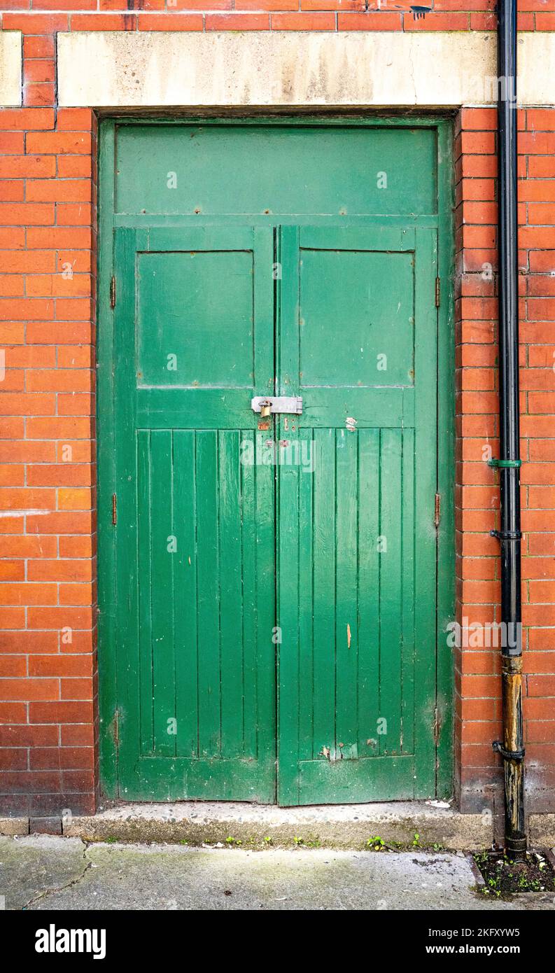 Grün lackierte Holzdoppeltüren Stockfoto