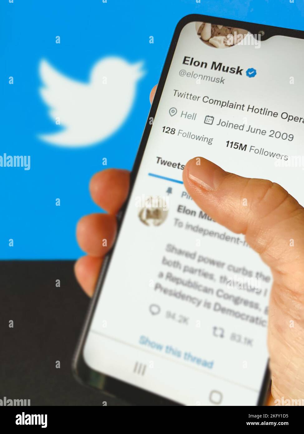 Twitter-Account von Elon Musk auf einem Smartphone-Bildschirm mit Twitter-Logo im Hintergrund. Alternativer Social-Media-Service von Mastodon. Stockfoto