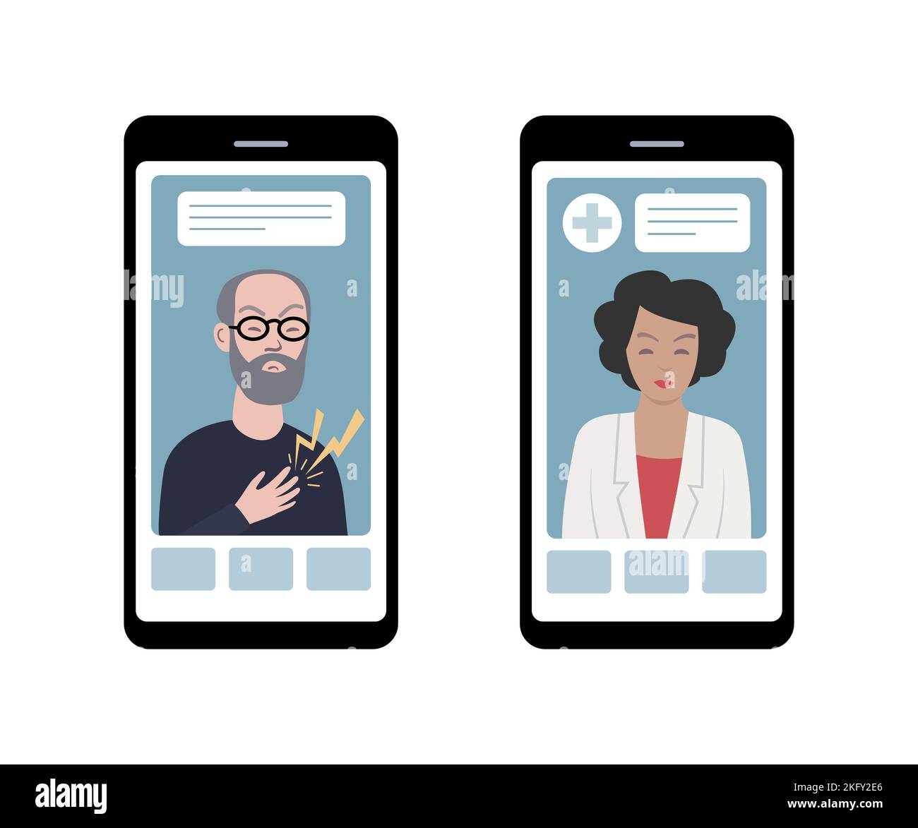 Online-Arzttermin über Smartphones. Videoanruf von Arzt und Patient. Stock Vektor