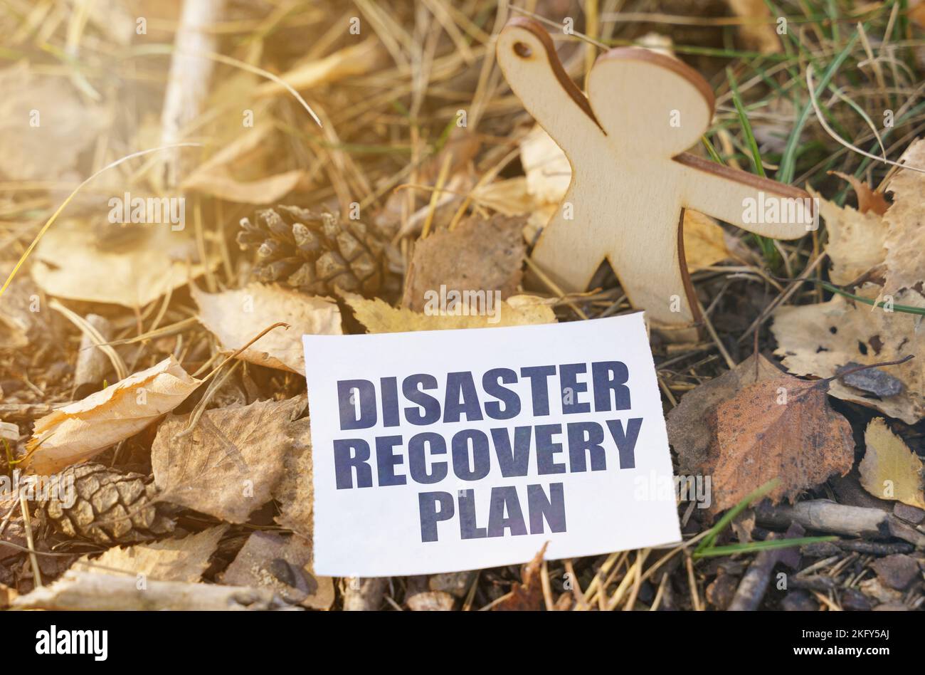 Ökologie. Auf dem Boden unter den Blättern in der Nähe der Holzfigur eines Mannes Papier mit der Aufschrift - Disaster Recovery Plan Stockfoto
