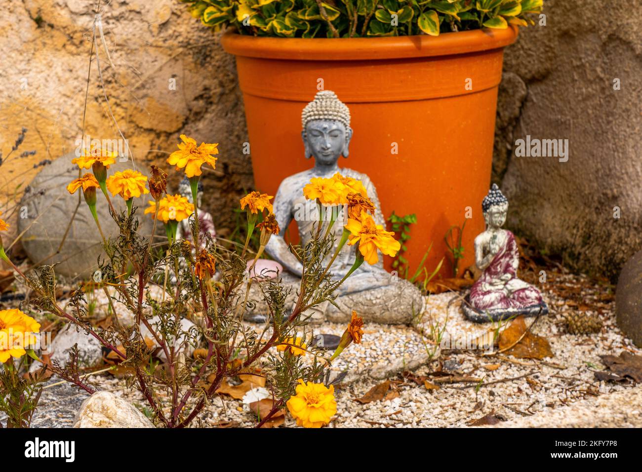 Eine Nahaufnahme einer kleinen Buddha-Statue in einem Herbstgarten. Hochwertige Fotos Stockfoto