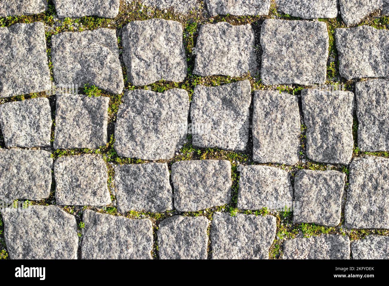 Steinstraße gepflastert mit asymmetrischen Steinen mit gesproßenem Gras zwischen Steinen. Texturierter Hintergrund, Draufsicht Stockfoto