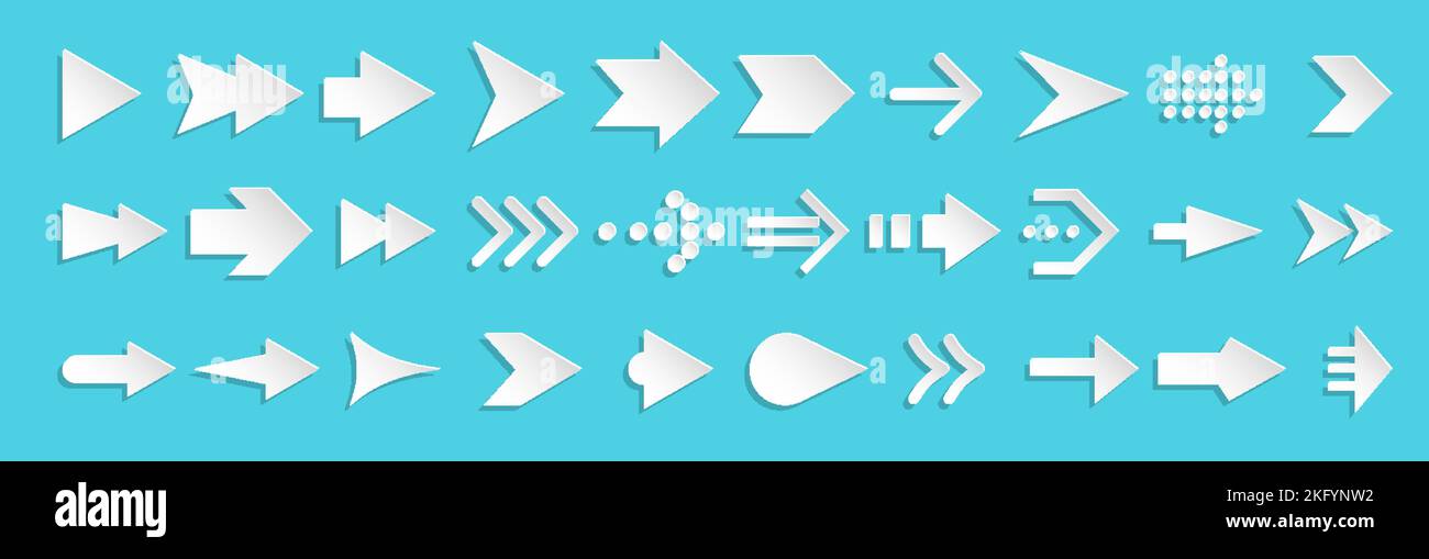 Pfeile Papier schneiden Origami weiß Symbol großen Satz. Zeigersymbol für unterschiedliche Formen. Nach oben nach unten nach links nach rechts nach vorne nach hinten. Pfeilcursor Download Upload vorherige nächste Seite Web-Navigationstaste Stock Vektor