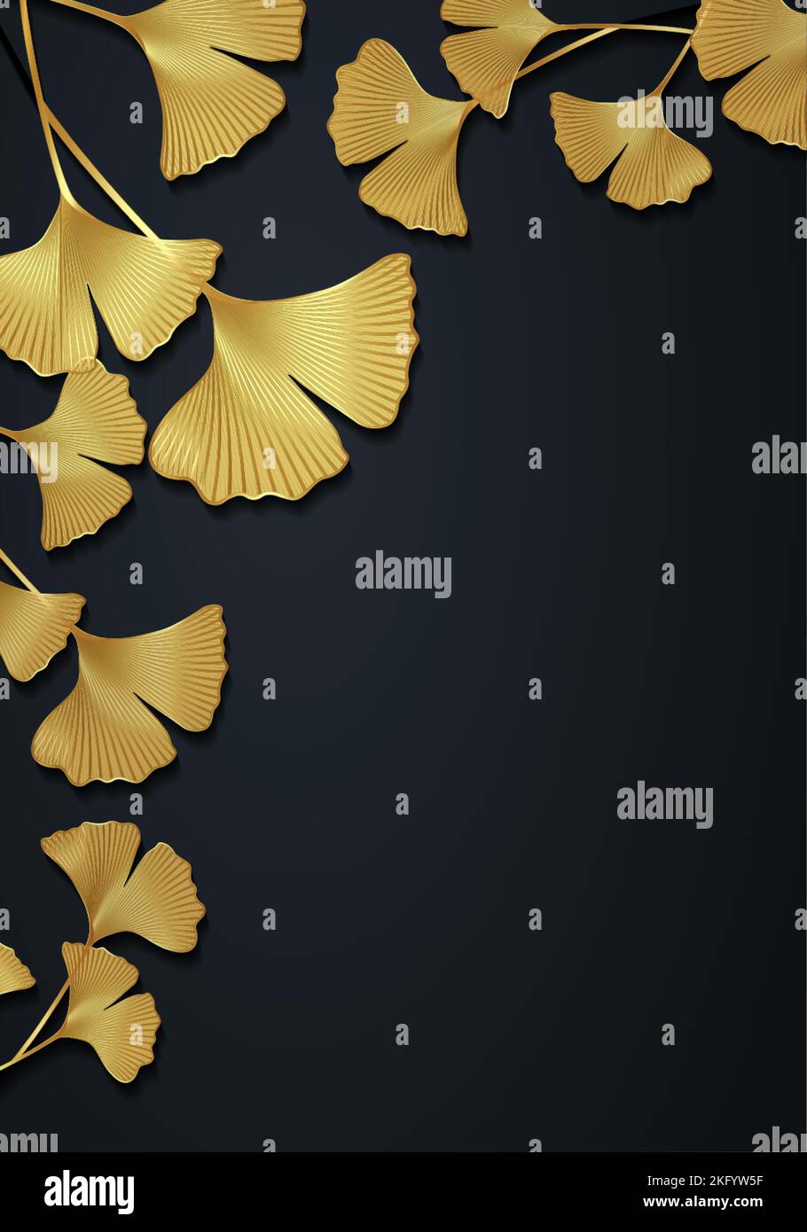 Goldrahmen aus Ginkgo biloba Blättern isoliert auf schwarzem Hintergrund. Goldener Luxusrand aus Blumenblättern. Vektor-Illustration botanische Design-Vorlage, Stock Vektor