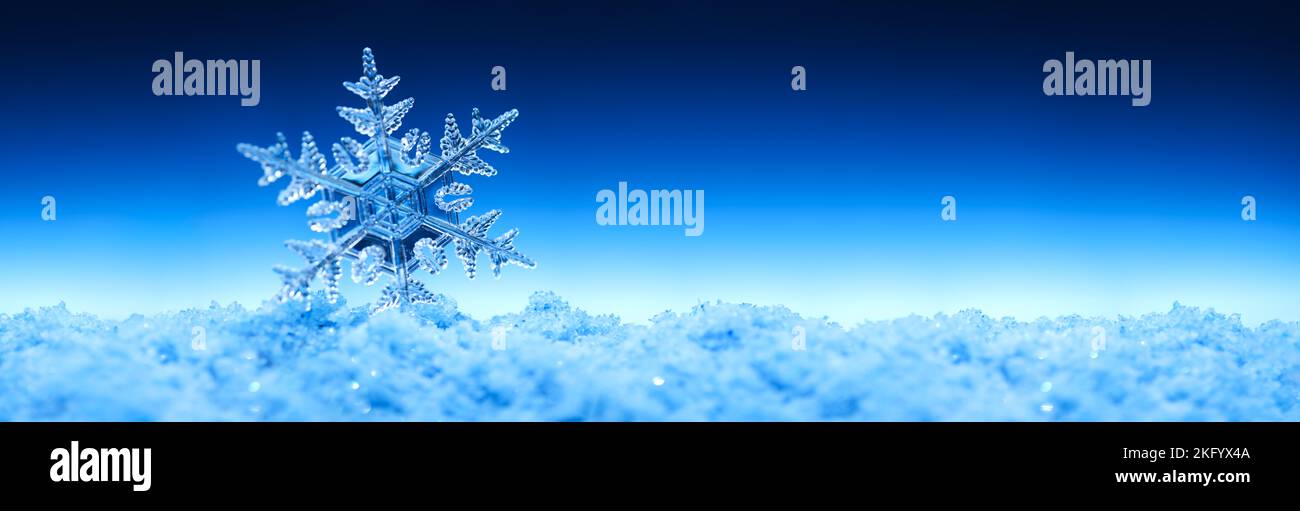 Klarer Schneeflockenkristall auf glitzerndem Schnee. Kalt- oder Winterzeitkonzept. Stockfoto