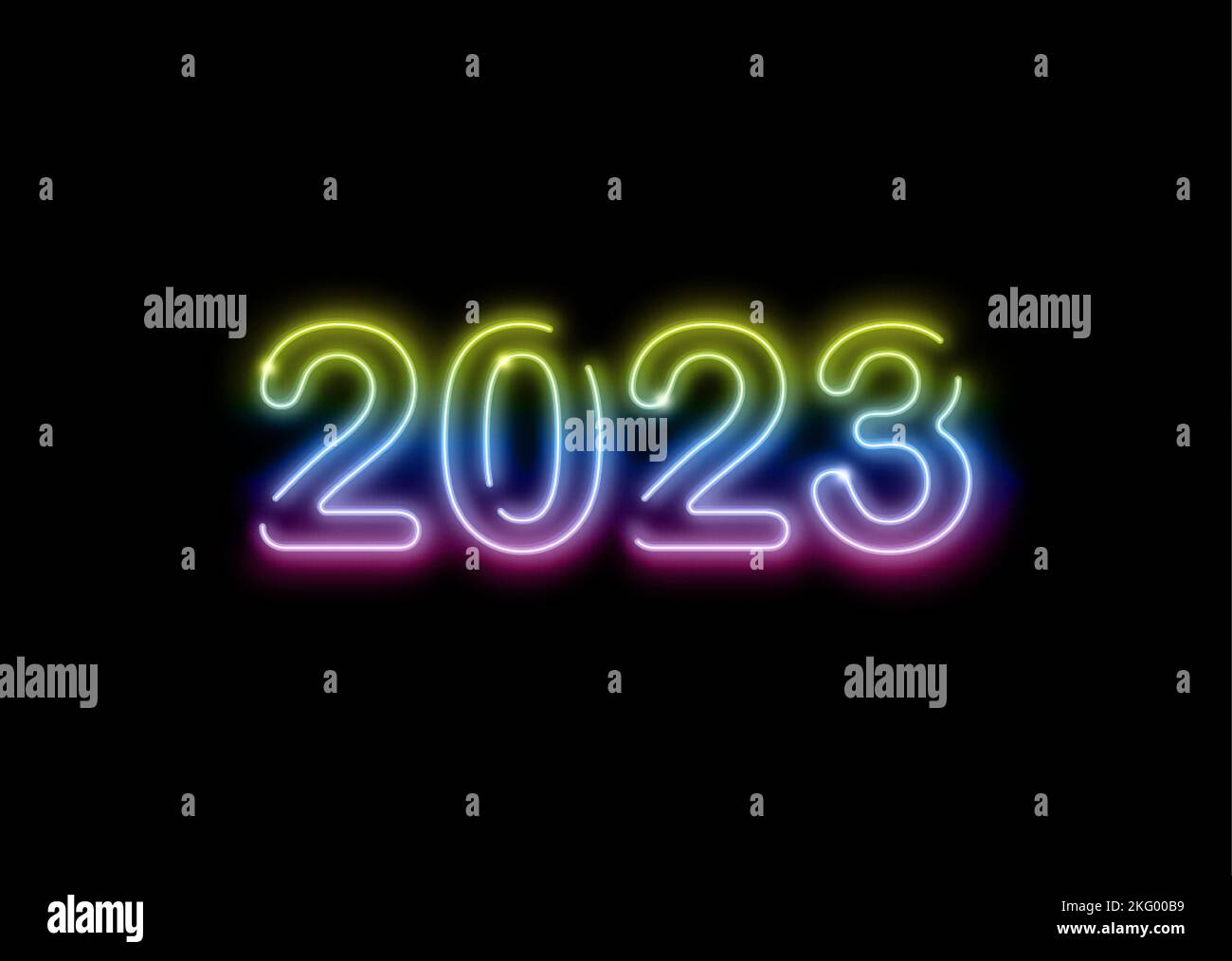 2023 Neujahr leuchtendes buntes Neon-Schild auf isoliertem schwarzem Hintergrund. Vektor-Illustration Happy New Year Neon realistische Zeichen Banner, Saison Stock Vektor