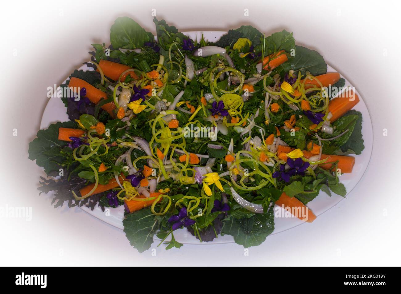 Ein Blick auf das Leben in Neuseeland: Essbare Blumen schmücken einen gesunden, frischen Gartensalat. Ich esse gut. Stockfoto