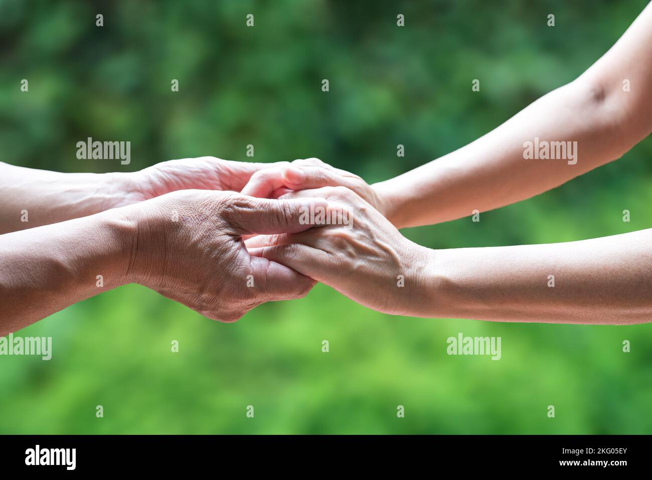 Zwei Menschen halten Hand zusammen, mit grünem Hintergrund. Helfende Hand oder emotionales Unterstützungskonzept. Stockfoto