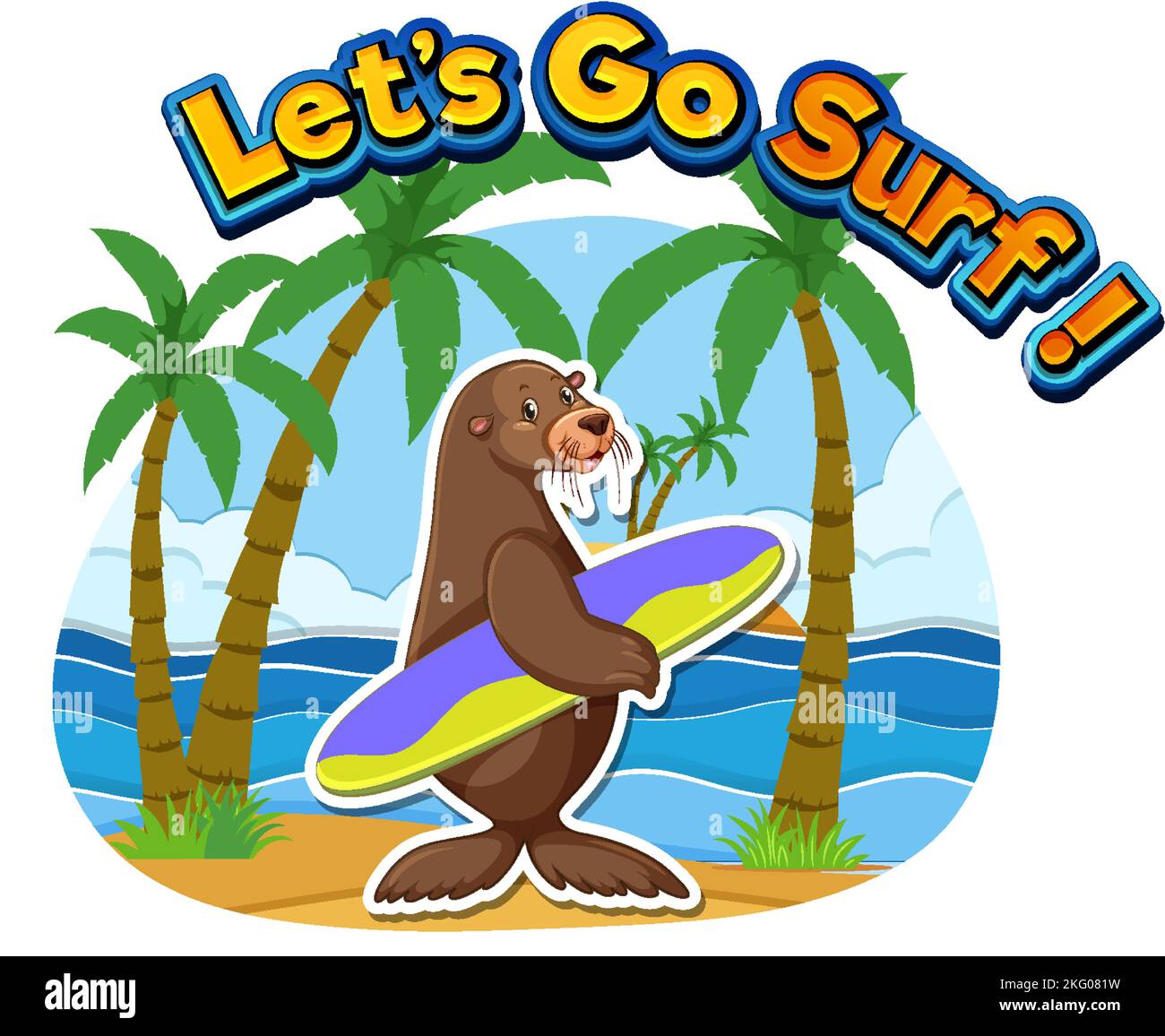 Seelöwen-Zeichentrickfigur mit Lets go Surf Wort Illustration Stock Vektor