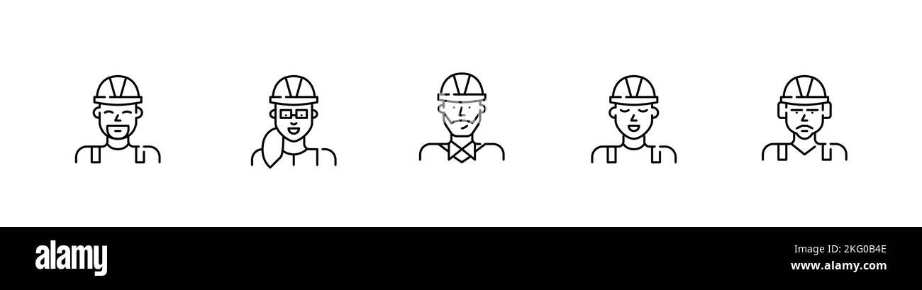 Symbole des Baupersonals. Vorarbeiter, Bauunternehmer, Ingenieur und Architekt in Hartmützen. Pixelgenaue, bearbeitbare Kontur Stock Vektor