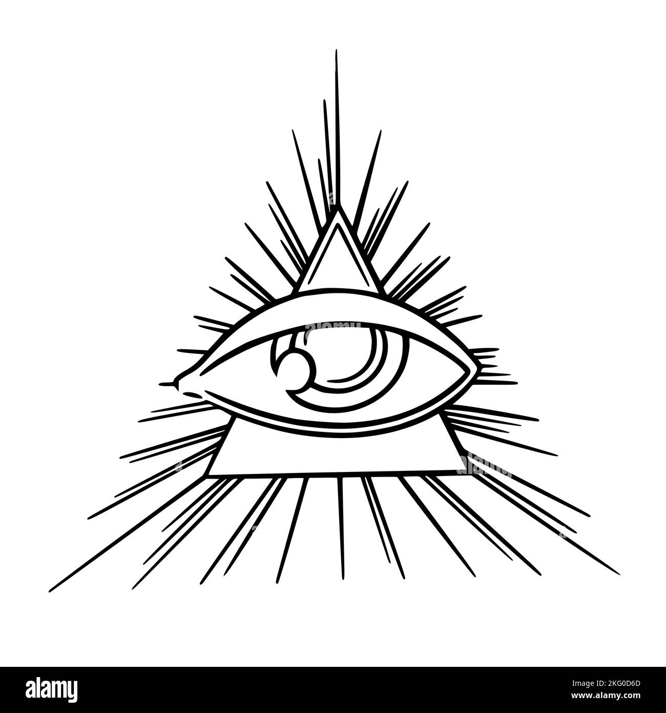 Illuminaten-Auge der Freimaurer-Geheimgesellschaft. Tarot sehen alle das dritte Auge im Dreieck mit Strahlen. Vektorgrafik isoliert auf weißem Hintergrund Stock Vektor