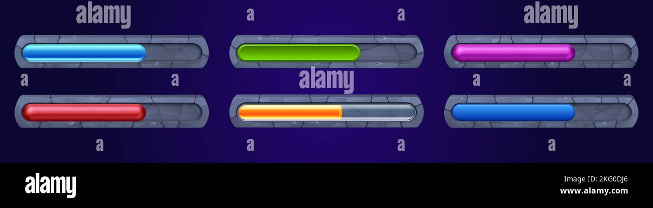 Fortschrittsbalken für Spiele, Download- oder Upload-Statusbanner. UI-Elemente für Spiel oder Web-Schnittstelle, Fortschrittsanzeige mit Farbbalken in geknackter Steinrahmen, Vektor-Cartoon-Set Stock Vektor