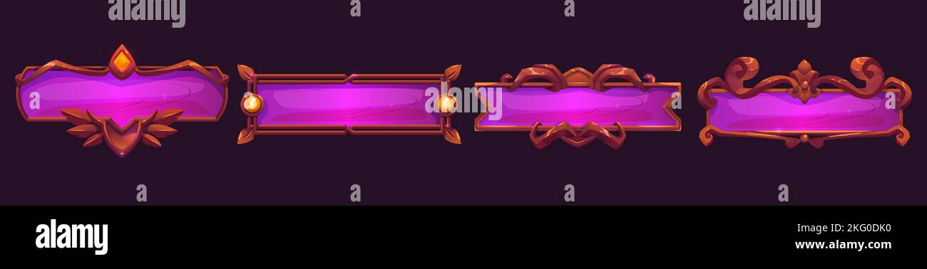 Set von luxuriösen rechteckigen Rahmen auf dem Hintergrund isoliert. Cartoon-Vektor-Illustration von leeren Fliederknöpfen mit mittelalterlichen Metall- oder Holzrahmen und Edelsteinen verziert. Design-Elemente der Benutzeroberfläche des Spiels Stock Vektor