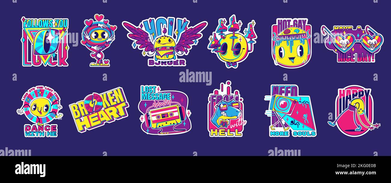 Psychedelische Retro Rave Aufkleber mit lustigen Burger, Dinosaurier und Pilzen, Retro-Audioband und herzförmigen Brillen. Verrückte Tänzerin und niedliche seltsame Kreaturen. Cartoon Vektor Säure Design Abzeichen Set Stock Vektor