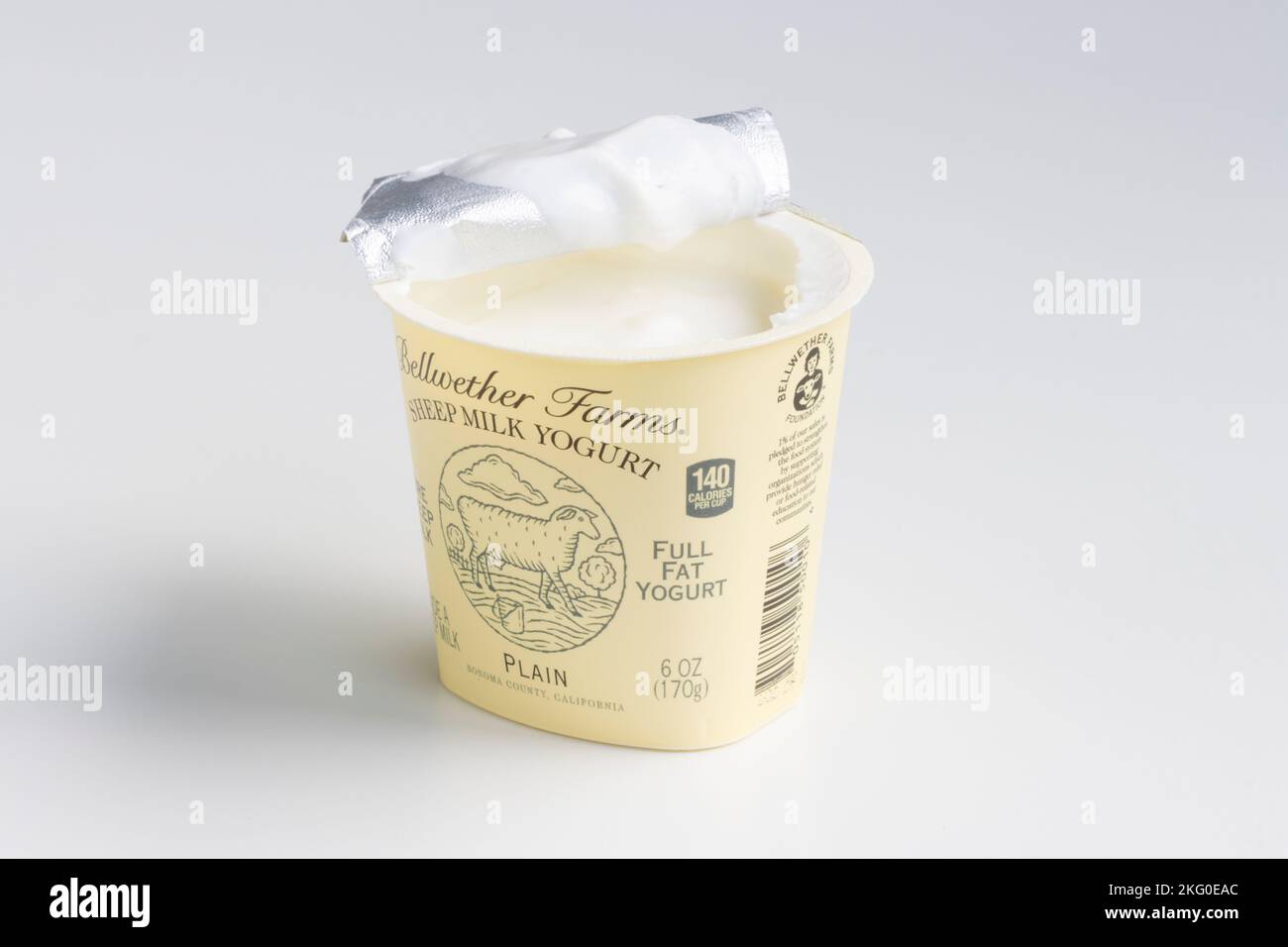 Eine Tasse Bellwether Farms reinen vollfetten Schafsmilchjoghurt isoliert auf weißem Hintergrund. Stockfoto