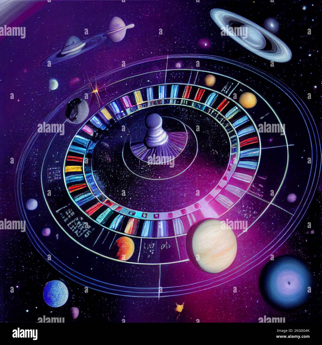 Futuristisches Casino mit intergalaktischen Roulette-Rädern, Planeten in der Nähe umkreisen, versuchen Sie Ihr Glück in dem Spiel der Realität, in dem wir uns befinden Stockfoto