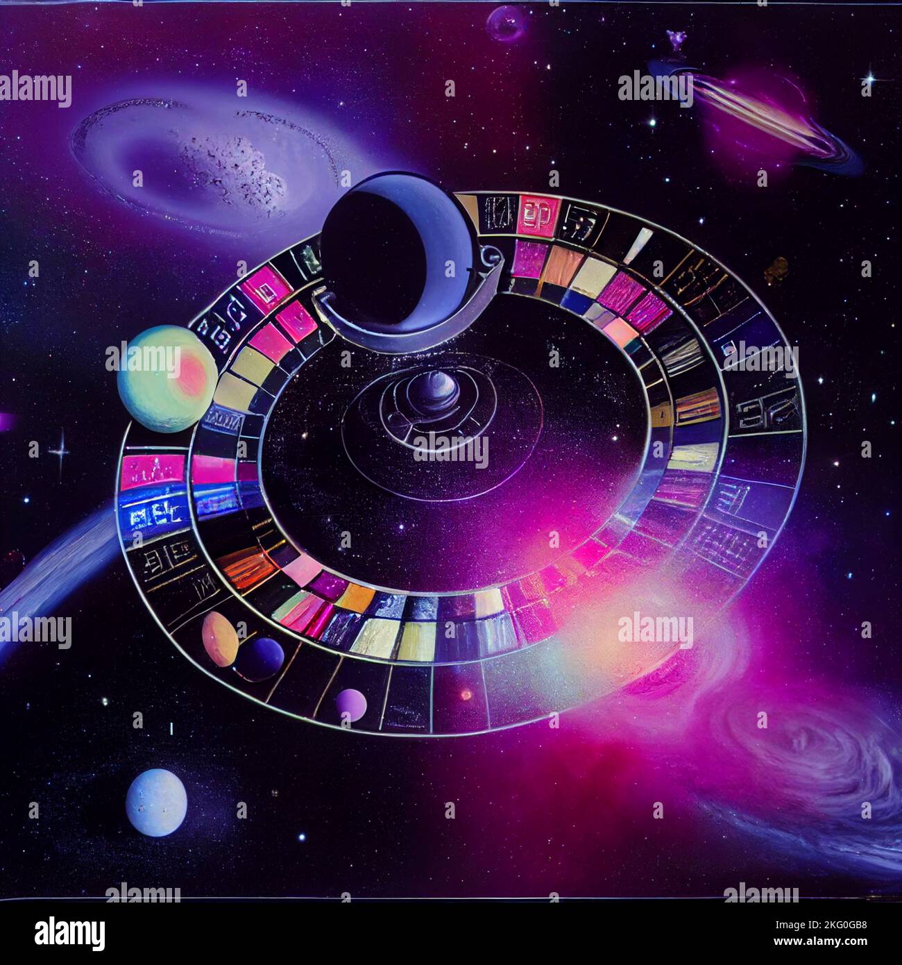 Futuristisches Casino mit intergalaktischen Roulette-Rädern, Planeten in der Nähe umkreisen, versuchen Sie Ihr Glück in dem Spiel der Realität, in dem wir uns befinden Stockfoto