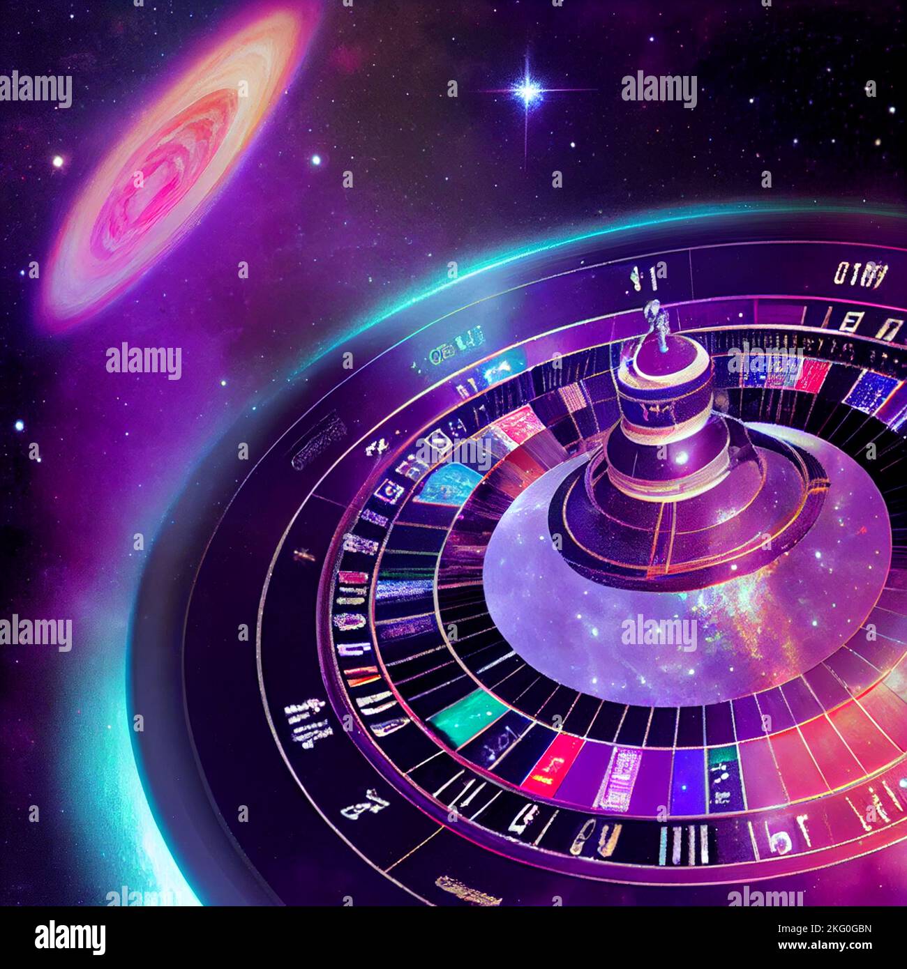 Futuristisches Casino mit intergalaktischen Roulette-Rädern, Planeten in der Nähe umkreisen, versuchen Sie Ihr Glück in dem Spiel der Realität, in dem wir uns befinden Stockfoto