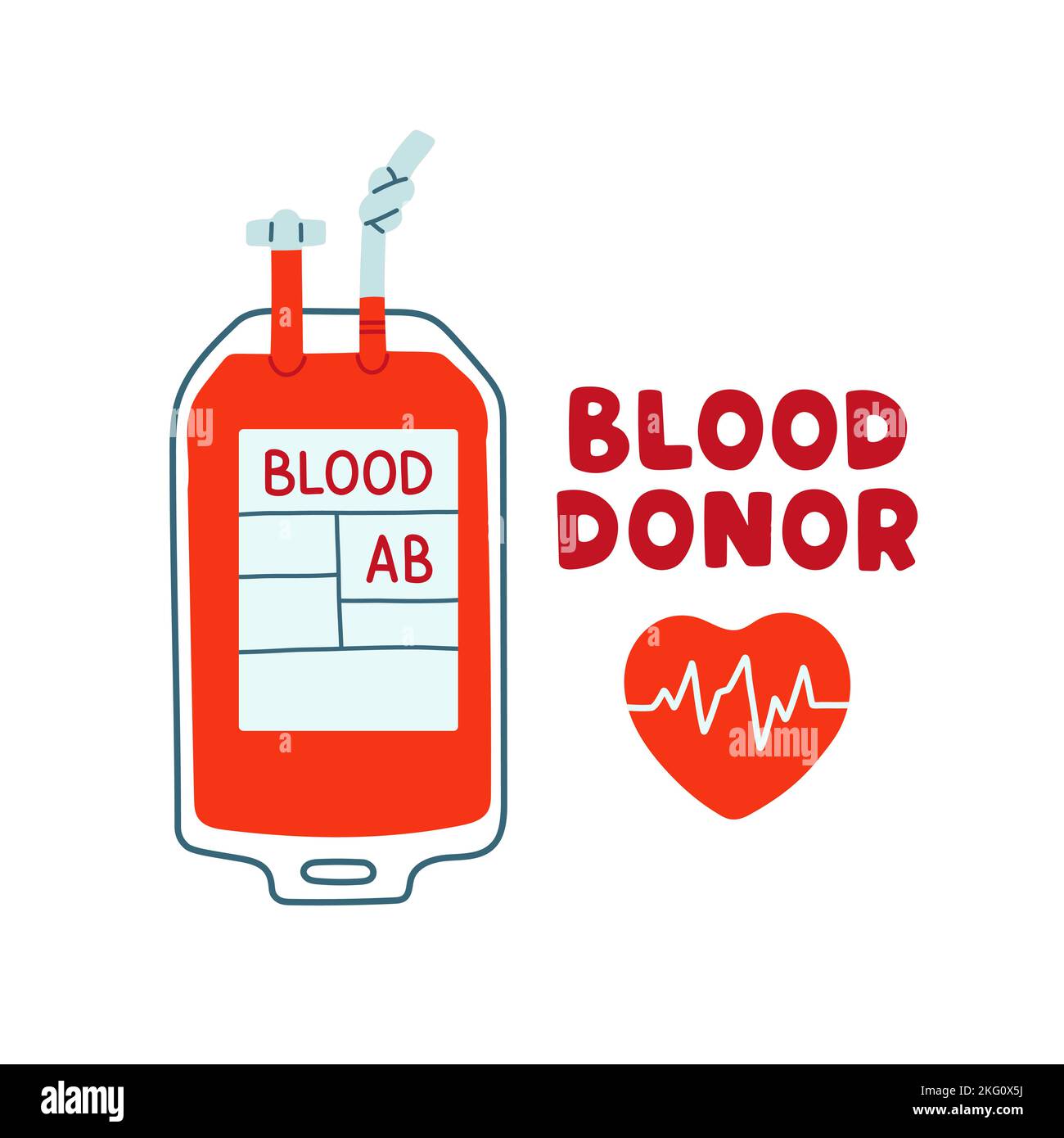 Blutspender, Blutbeutel, Herzen, Herzschlag. Handgezeichnete Vektorgrafiken. Spenden Sie Blut, Gesundheitskonzept Stock Vektor