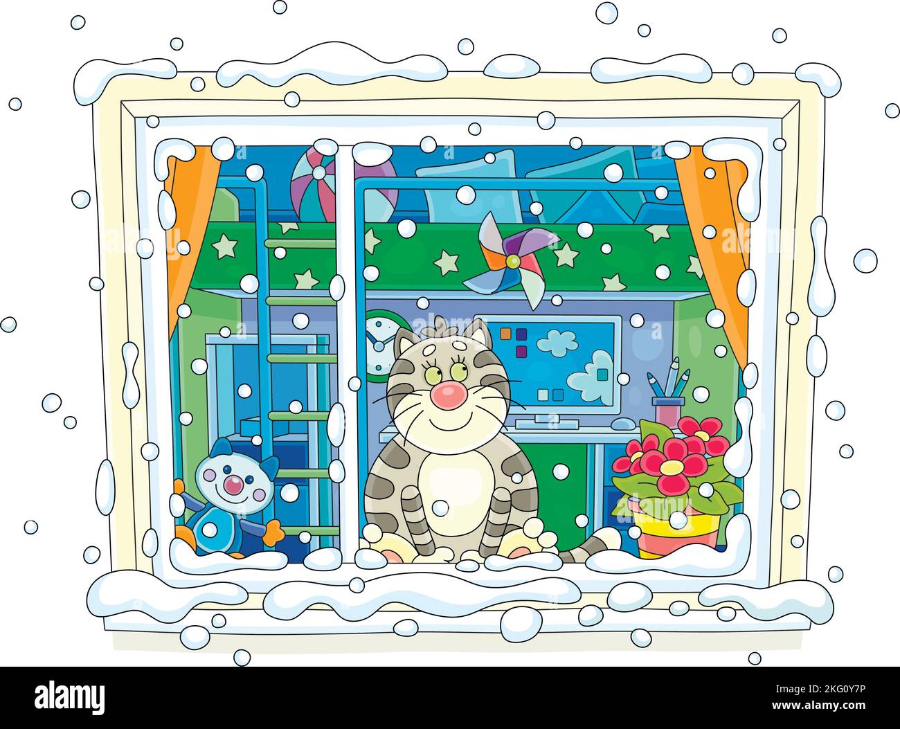 Lustig plump Hauskatze freundlich lächelnd, sitzt auf einer Fensterbank und beobachten fröhlich wirbelnden Schneeflocken vor einem Fenster an einem schönen Wintertag Stock Vektor