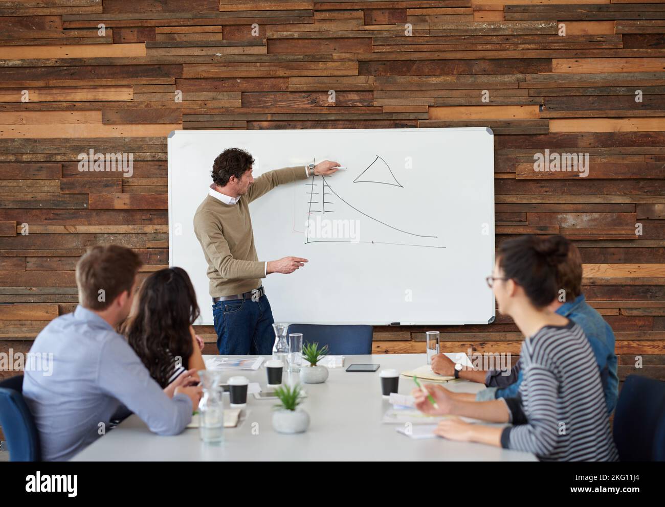 Dies ist im Moment im Trend. Eine Gruppe von Mitarbeitern, die während einer Präsentation an einem Konferenztisch sitzen. Stockfoto