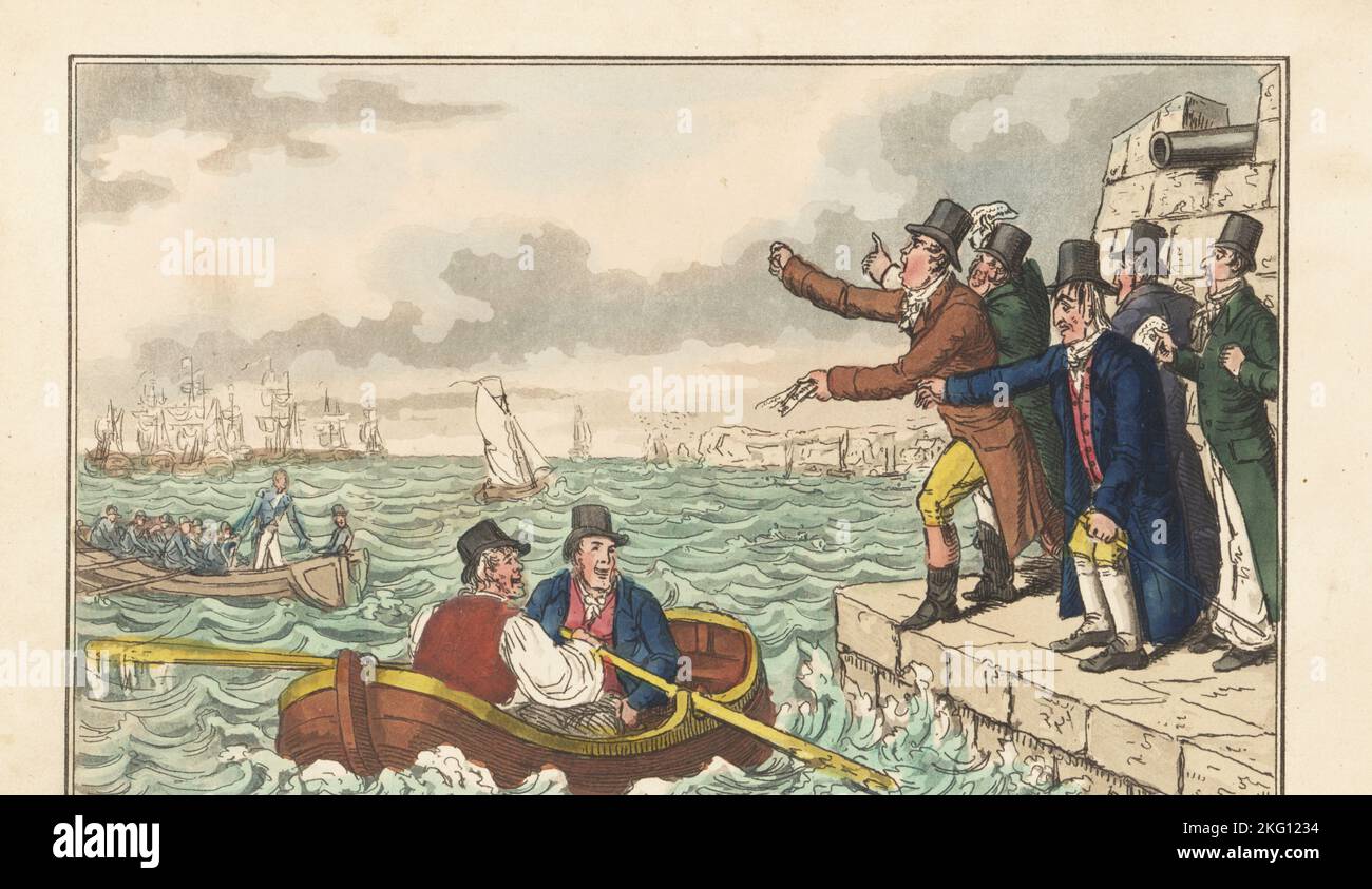 Eine Gruppe wütender Männer winkt einem ausscheidenden englischen Regency-Marineoffizier an einem Anlegeplatz in Portsmouth Rechnungen zu. Admiral bowsprit flieht in einem Ruderboot vor seinen Glücksspielgläubigern, um sich der vor der Küste Englands verankerten Flotte anzuschließen. Handkolorierter Kupferstich von Charles Williams vom Post Captain oder Adventures of a True British Tar von einem Marineoffizier, J. Johnston, London, 1817. Wird Alfred Thornton oder John Mitford zugeschrieben. Stockfoto