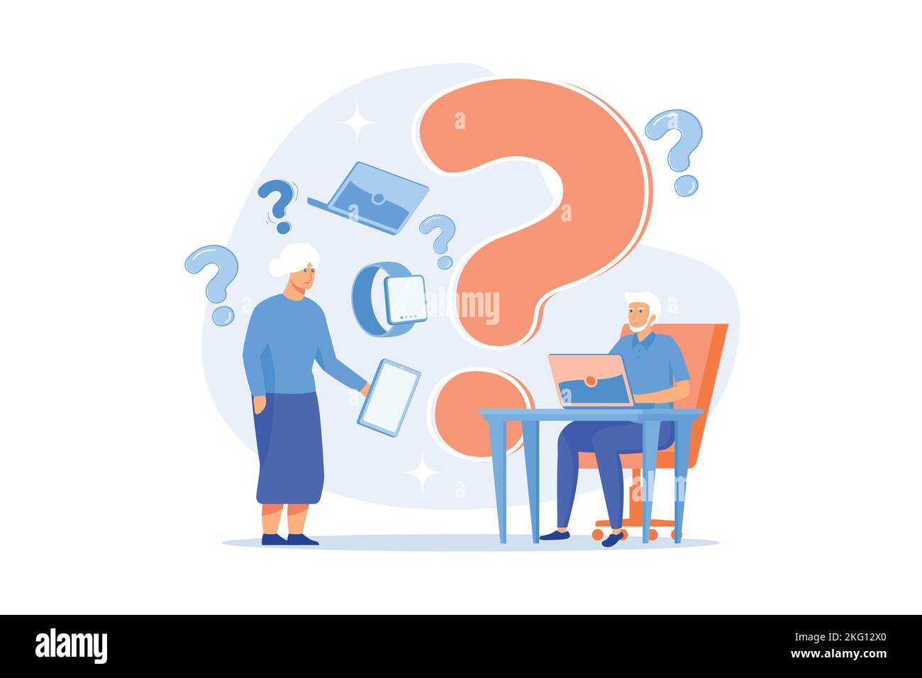 Ältere Paar moderne Gadgets Umgang mit Problemen. Geringe technische Kommunikation, Probleme mit der Nutzung von Technologie, spezielle Geräte für ältere Menschen Konzept. Stock Vektor