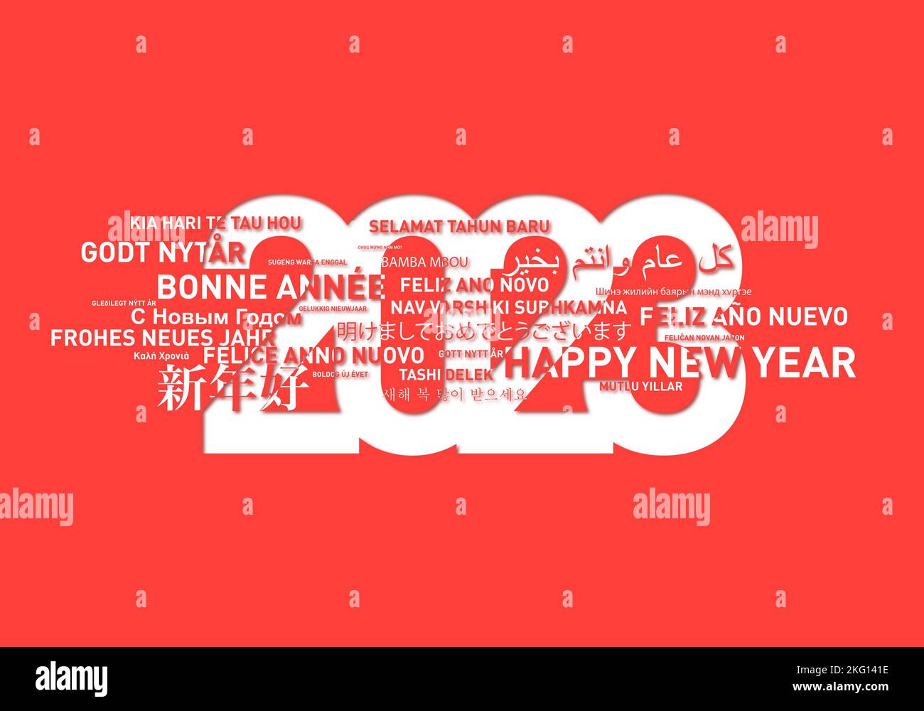 Frohes neues Jahr 2023 Karte aus der Welt in verschiedenen Sprachen. Roter Hintergrund Stockfoto