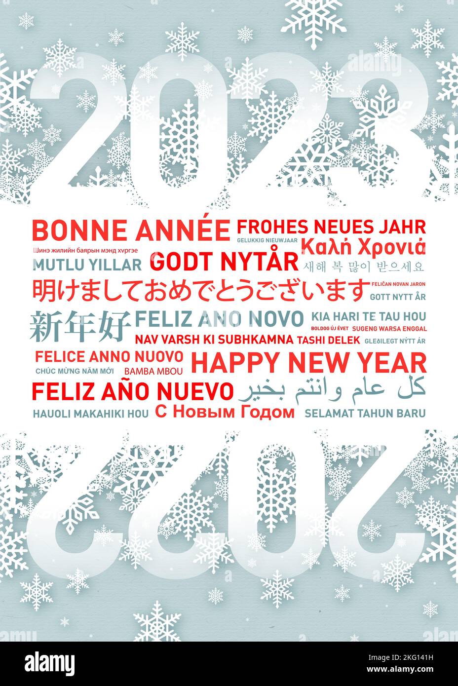 Frohe Neujahrskarte 2023 in verschiedenen Weltsprachen Stockfoto