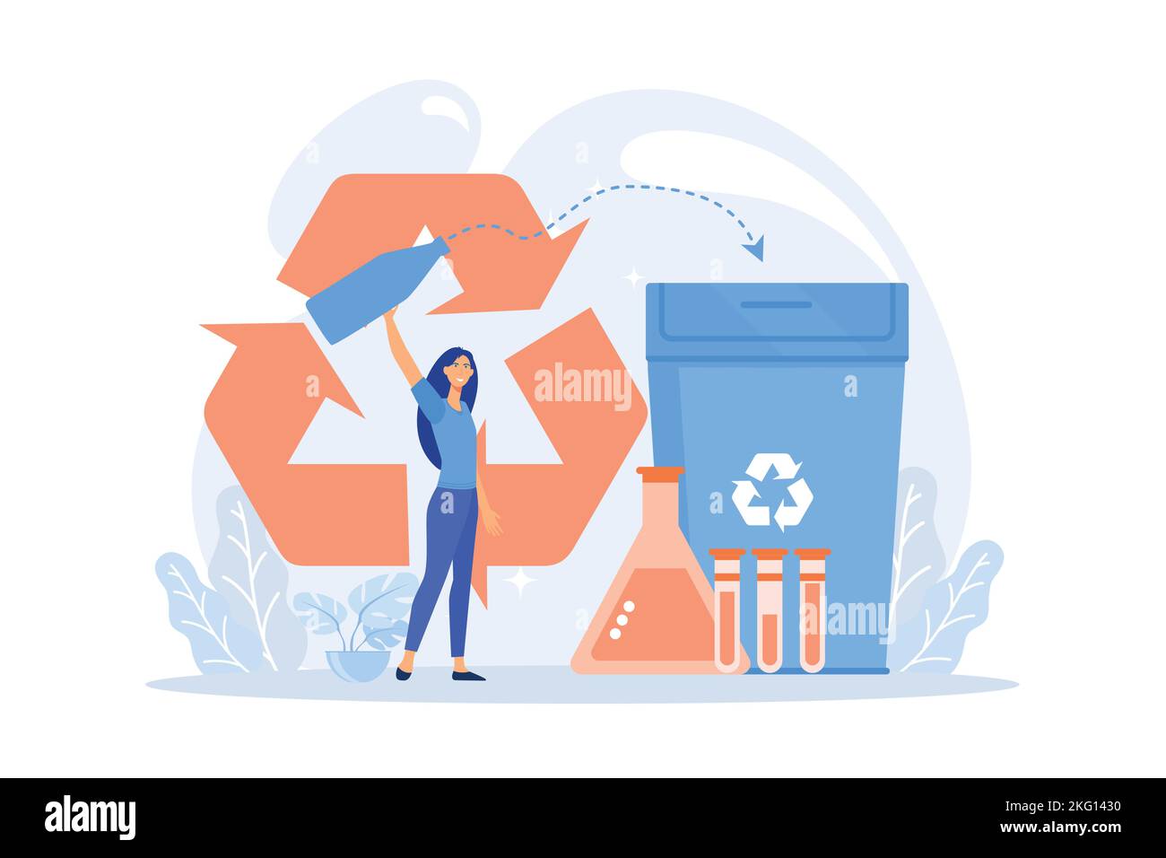 Geschäftsfrau Recycling Kunststoff Waschmittelflasche Chemikalien zu produzieren. Chemisches Recycling, Kunststoff-Recycling-Methode, polymeres Abfallrecycling-Konzept. Stock Vektor