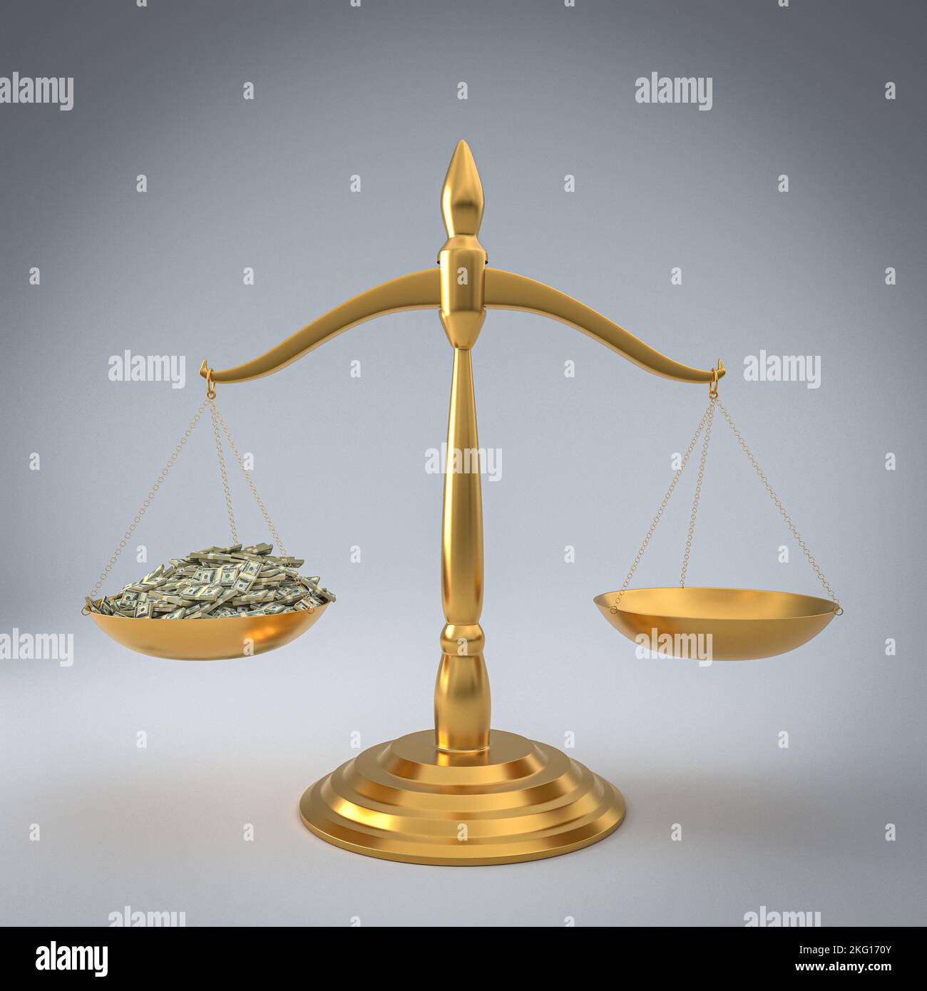 Goldwaage der Gerechtigkeit mit Dollar-Geldwaden. 3D Rendern Stockfoto