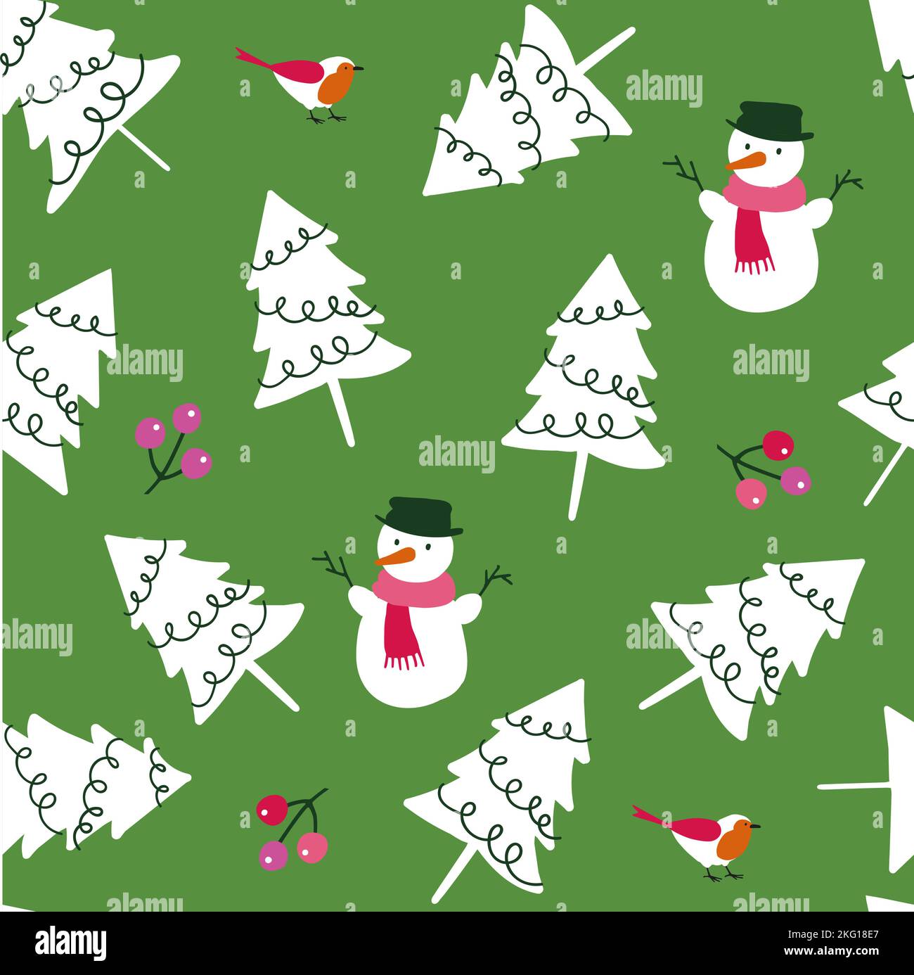 Happy Holiday weihnachtliche Elemente nahtloses Muster mit Weihnachtsbäumen, Misteln und Schneemännern - zum Einpacken von Papier, Tapete, Stoff, Partypapier - Stock Vektor