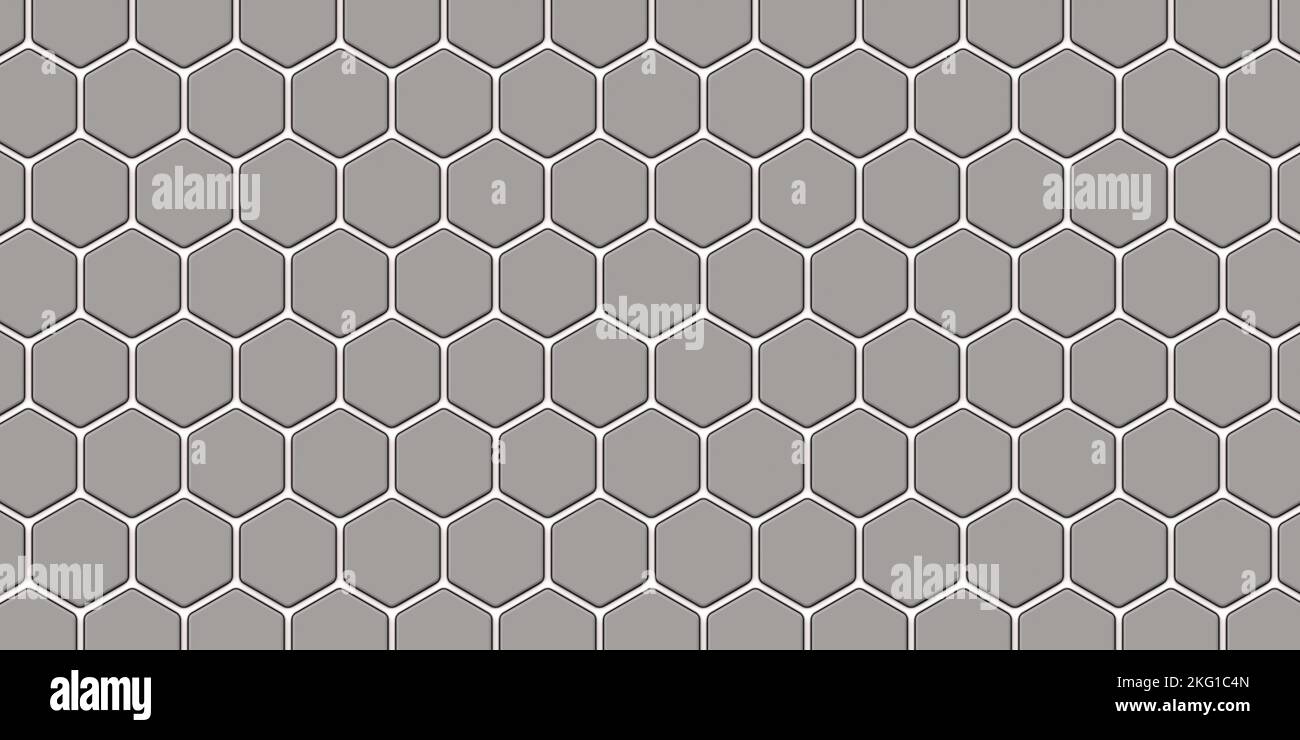 Grauweißes Wabenmosaik. Realistische geometrische Mesh-Zellen-Textur. Abstrakte weiße Tapete mit Sechseck-Gitter. Abstraktes Muster Hintergrund, 3D rende Stockfoto