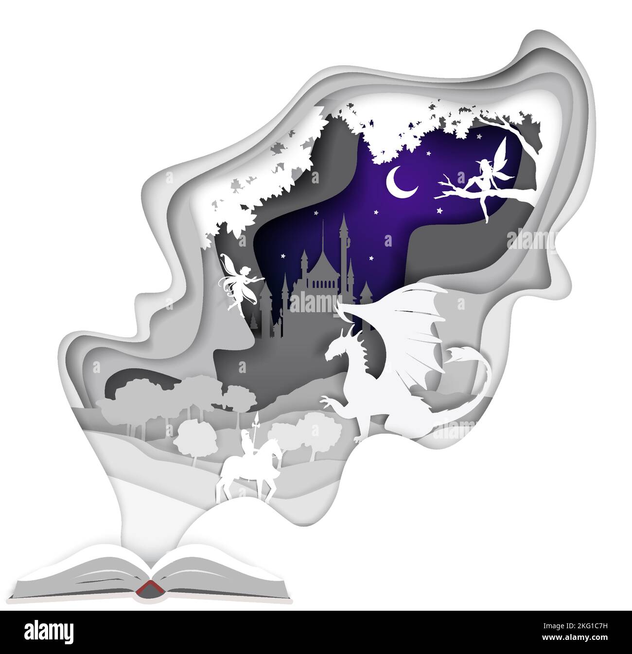 Öffne das Geschichtenbuch mit niedlichen magischen mittelalterlichen Ritter- und Drachenfiguren, Silhouetten und Vektorgrafik. Märchenhafte Komposition in Papierkunst mod Stock Vektor