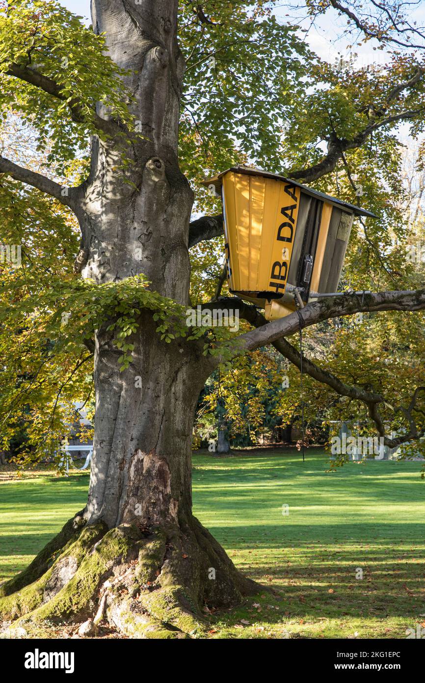 Kunstausstellung im Park des Weingutes Haus im Turm in Bad Honnef-Rhoendorf am Rhein, das Kunstwerk HB-DAA von Michael Sailstorfer, Baumhaus aus der Stockfoto