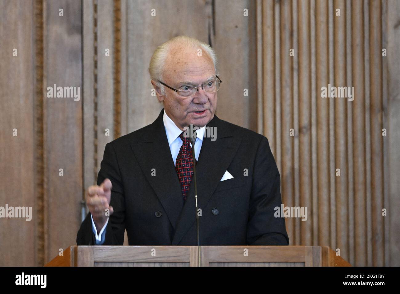 König Carl XVI Gustaf überreicht den Preis des Jahres von König Carl XVI Gustaf (S.M Konung Carl XVI Gustafs pris Arets Nybyggare) in Stockholm, Schweden, N. Stockfoto