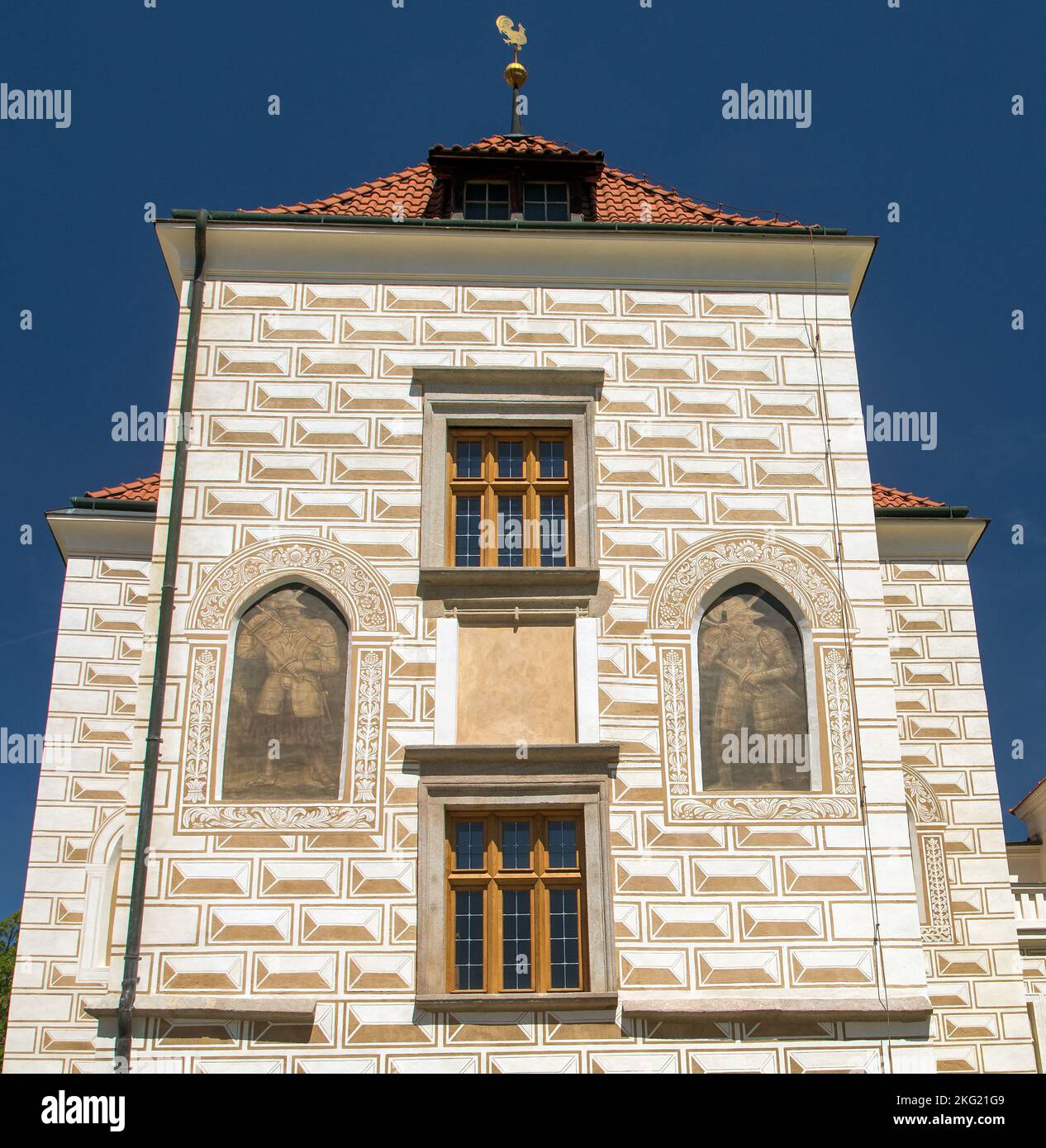 Außenfresko von Zeliv Premonstratenserkloster, Trckuv hrad und Abtei, Barockarchitektur von Jan Blazej Santini Aichel, Bezirk Pelhrimov in Stockfoto