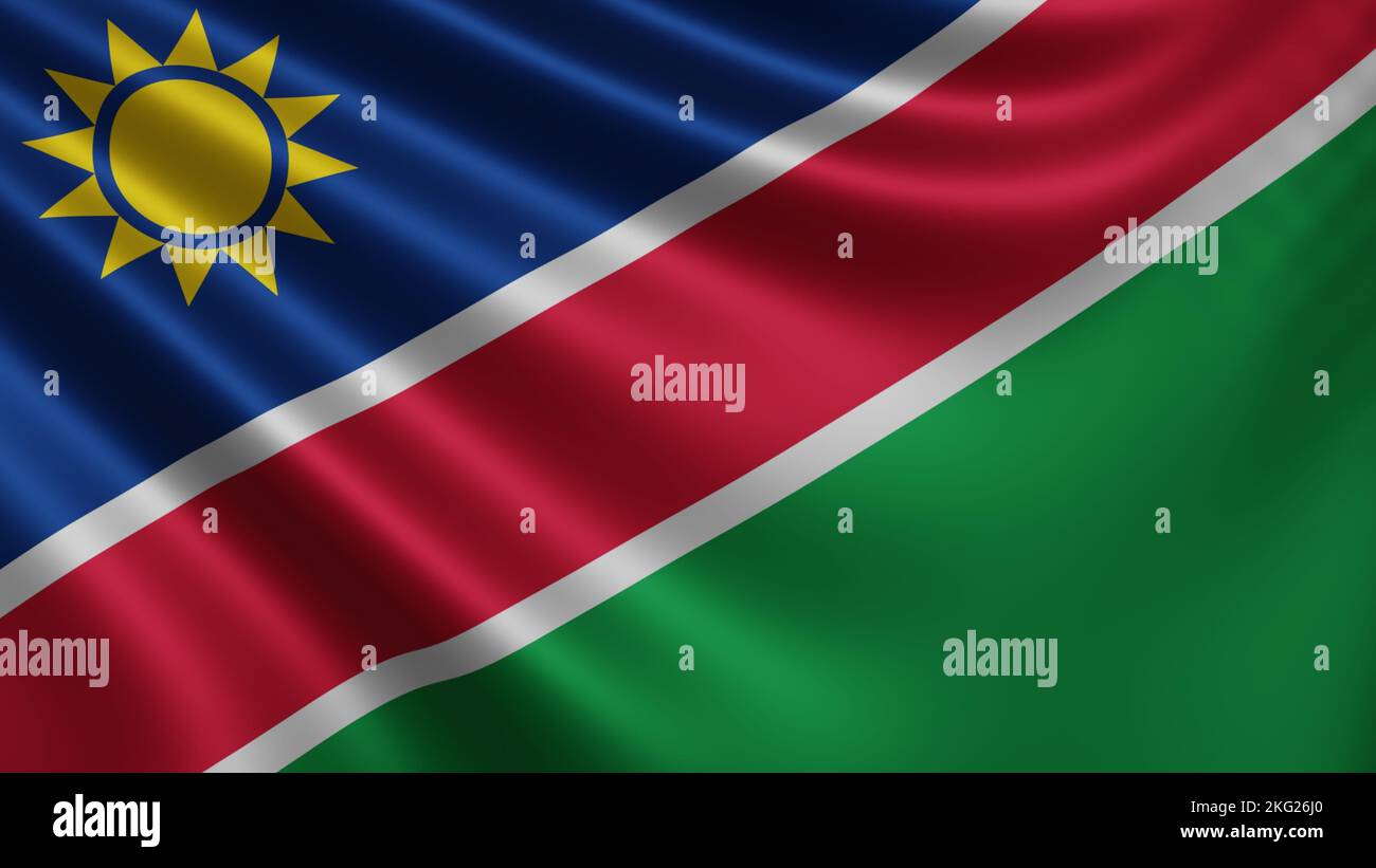 Rendering der Namibia Flagge flattert im Wind Nahaufnahme, die Nationalflagge Namibias flattert in 4K Auflösung, Nahaufnahme, Farben: RGB. Stockfoto