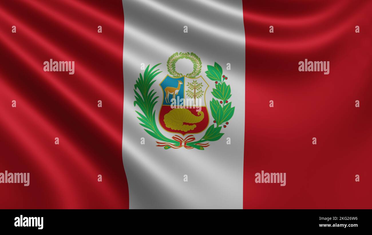 Darstellung der Peru-Flagge flattert im Wind Nahaufnahme, die Nationalflagge von Peru flattert in 4K Auflösung, Nahaufnahme, Farben: RGB. Stockfoto