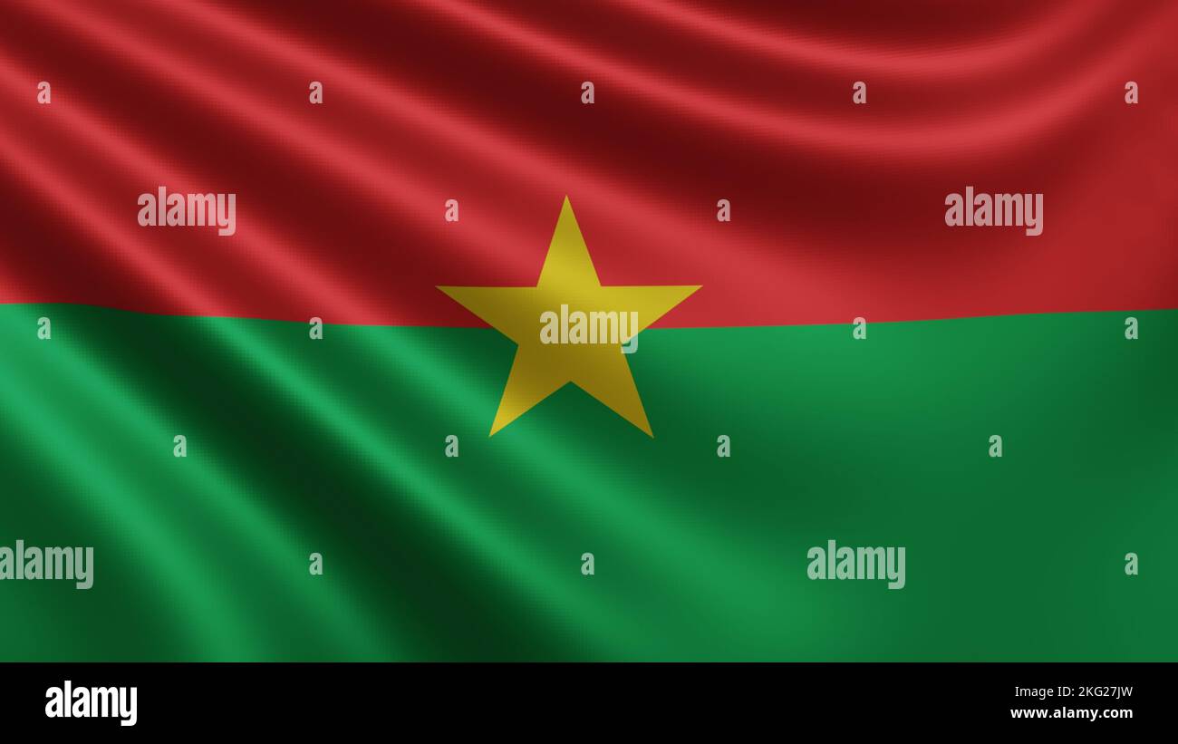 Rendering der Burkina Faso Flagge flattert im Wind Nahaufnahme, die Nationalflagge von Burkina Faso flattert in 4K Auflösung, Nahaufnahme, Farben: RGB. Stockfoto