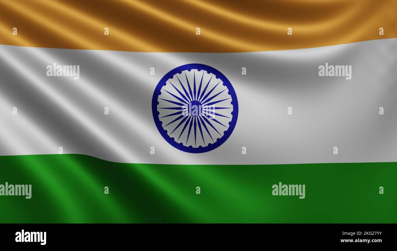 Rendering der indischen Flagge flattert im Wind Nahaufnahme, die Nationalflagge Indiens flattert in 4K Auflösung, Nahaufnahme, Farben: RGB. Stockfoto