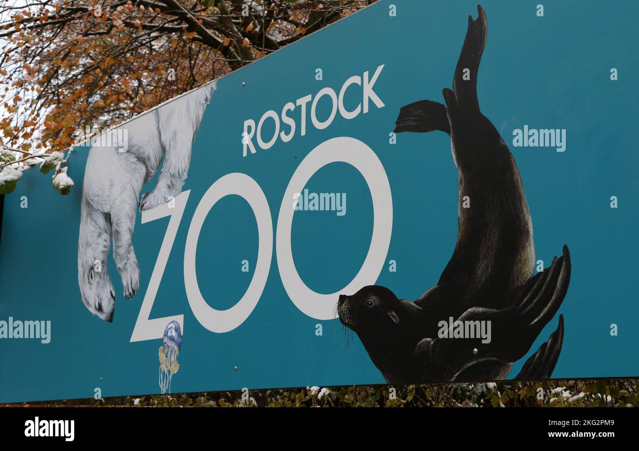 Rostock, Deutschland. 21.. November 2022. Das Rostocker Zoo-Logo ist am Haupteingang zu sehen. Im Rahmen einer Presseveranstaltung stellen der Zoo und die Wiro - Wohnen in Rostock Wohnungsgesellschaft GmbH als Partner ein Projekt für den Roten Panda vor. Der gekonnte Kletterer aus dem Himalaya ist etwa einen Meter groß und laut der World Conservation Union IUCN eine der am stärksten gefährdeten Arten. Es soll nach Renovierungsarbeiten wieder in den Zoo eingeführt werden. Quelle: Bernd Wüstneck/dpa/Alamy Live News Stockfoto