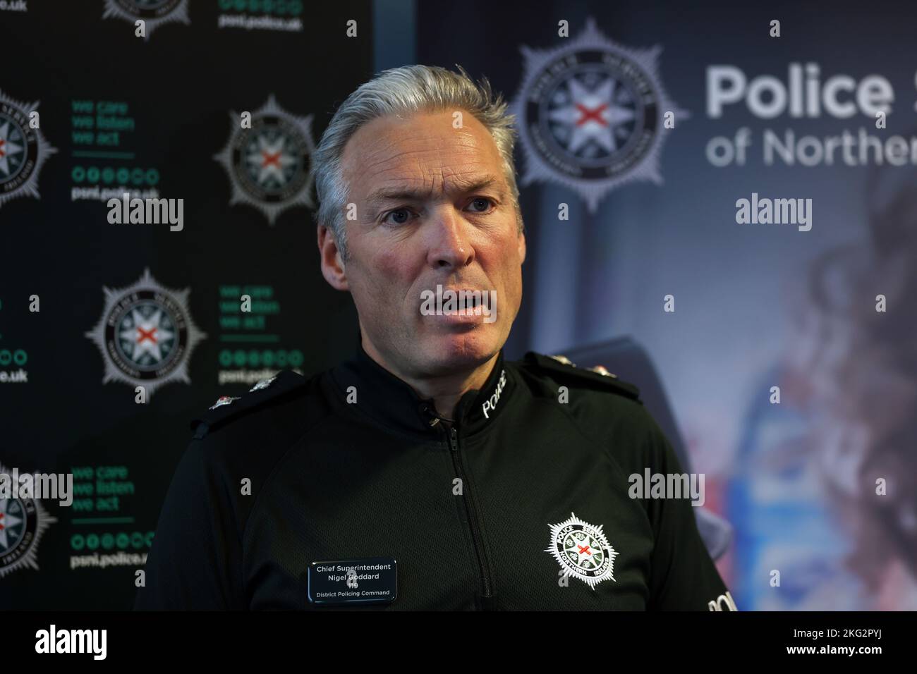 Chief Superintendent Nigel Goddard während einer Pressekonferenz auf der Strand Road Polizeistation in Londonderry, Nordirland. Bilddatum: Montag, 21. November 2022. Stockfoto