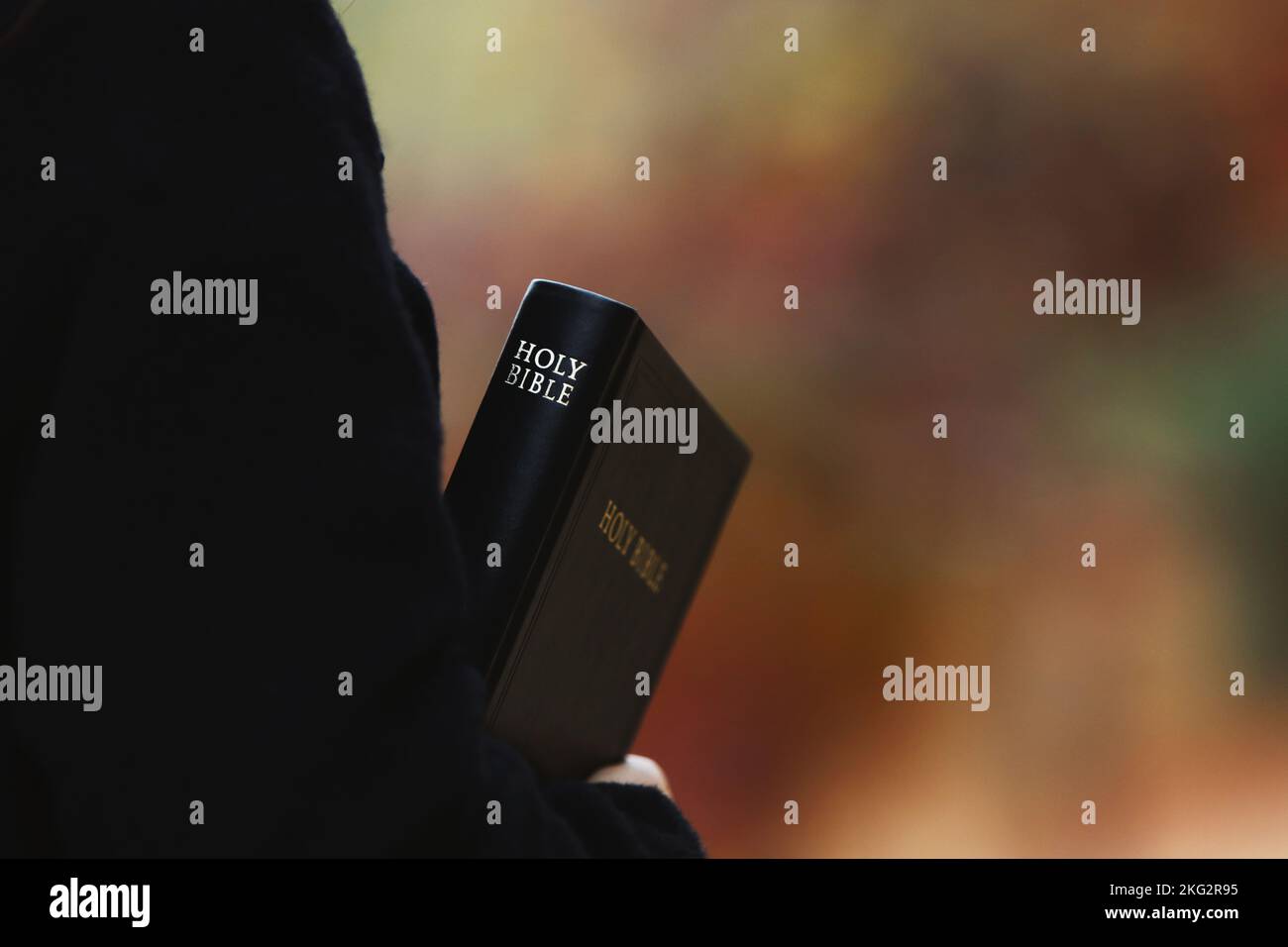 Ein Christ, der die Heilige Bibel hält und das Evangelium von Jesus Christus predigt, und eine herbstliche Straßenszene mit roten Blättern Stockfoto