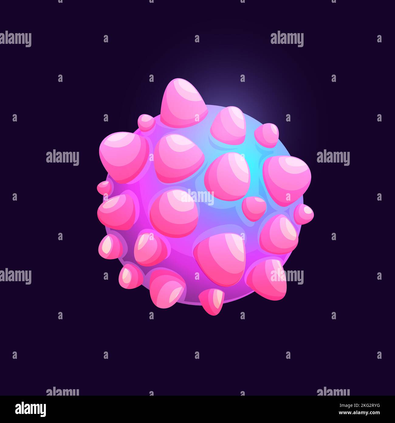 Rosafarbener Galaxie-Weltraumplanet mit Vulkanoberfläche. Space Sci-Fi-Welt oder fantastische Aliens Galaxienplanet mit Auswüchsen. Spiel Benutzeroberfläche Cartoon Planet Symbol, außerirdischen lebenden Organismus oder Zelle Stock Vektor