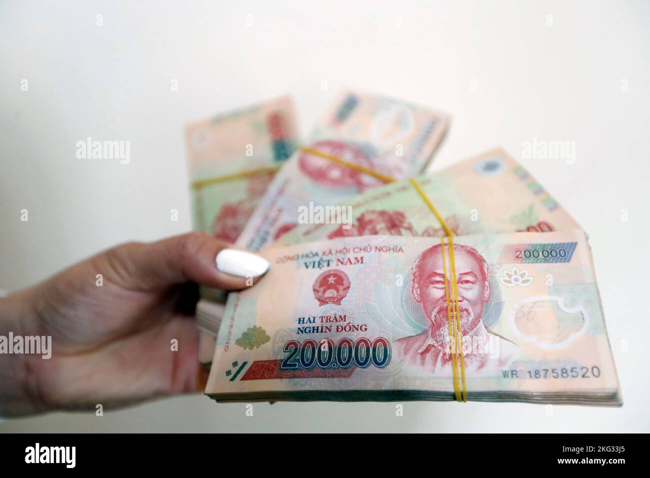 Vietnamesische Währung, der Dong. Frau mit Banknoten. Economy-Konzept. Vietnam. Stockfoto