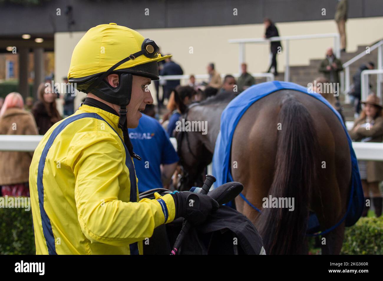 Ascot, Bergen, Großbritannien. 19.. November 2022. Der Jockey Tom Cannon, Gewinner des Raceshare Racehorse, teilt sich vom £39-Anfänger-Hürdenlauf bei Ascot Races auf Pferd Scarface. Quelle: Maureen McLean/Alamy Stockfoto